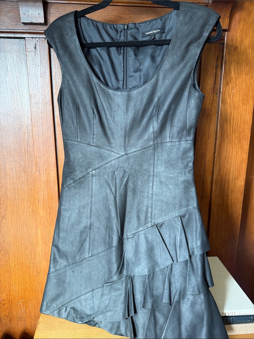 Vintage Nanette Lepore Black Genuine Leather Ruffle Mini Dress Y2K